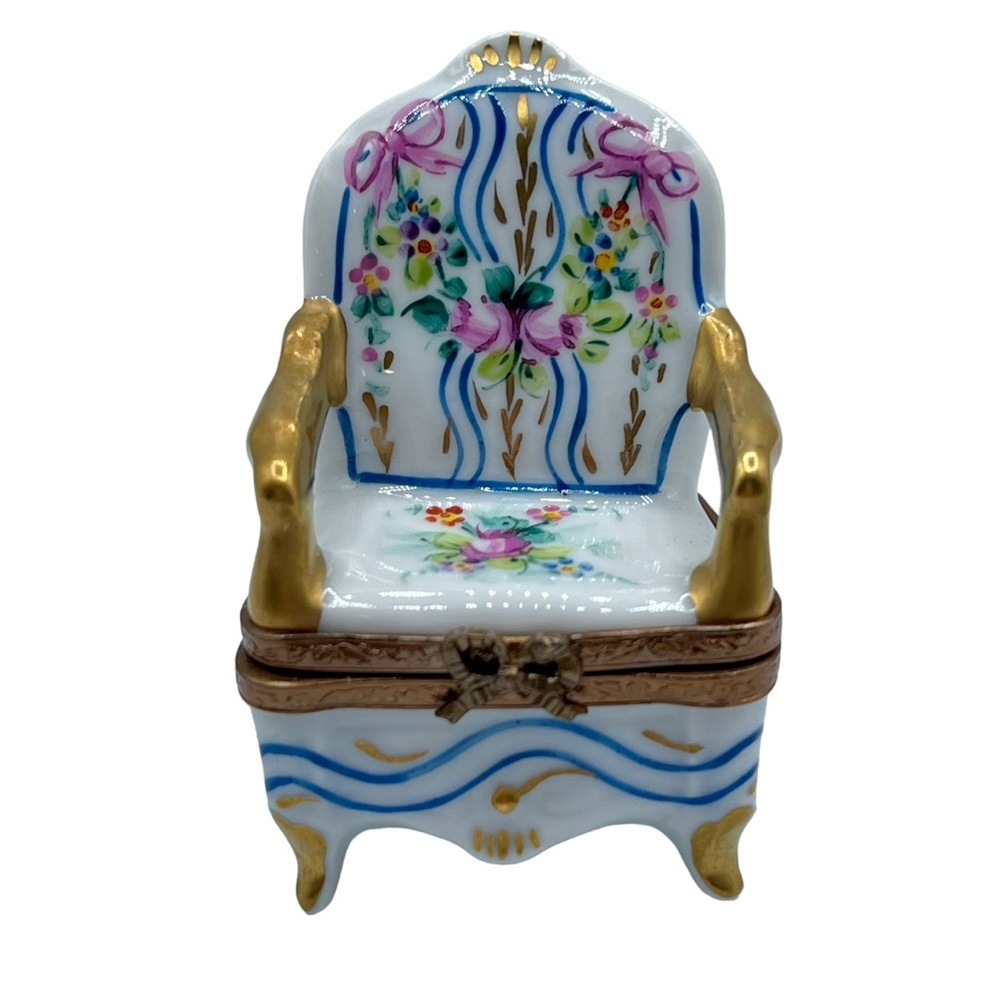 Vtg Limoges France Peint Armchair Ribbon Flower Bouquet Porcelain Trinket Box